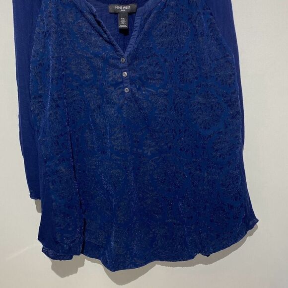 Nine West Jeans Women's Blue Floral Split Neck Rolltab 3/4 Sleeve Blouse Sz XXL - Picture 2 of 12